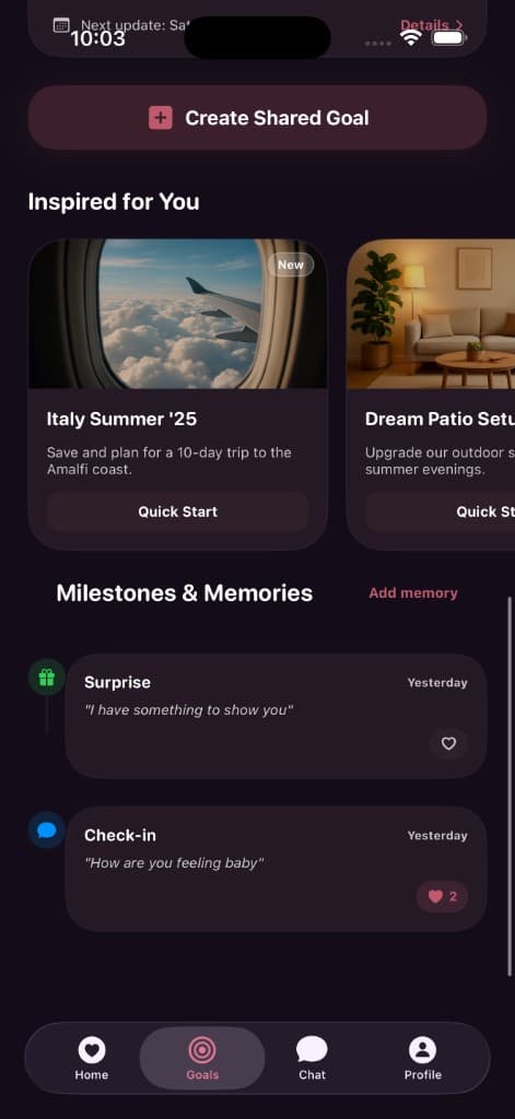 Couple Connect goals tab with inspired cards and milestones
